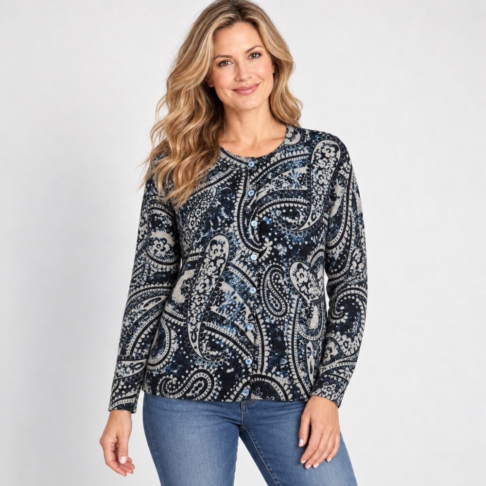 August Silk Cardigan Sweater Women XL Paisley Silk Blend Black Gray Blue
